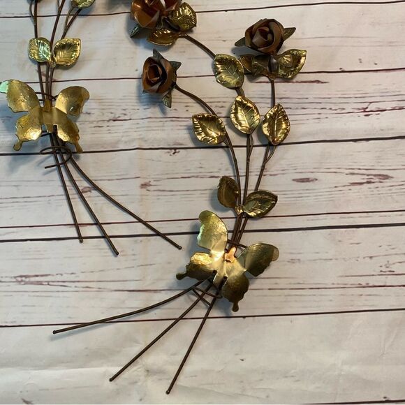 2 Vintage Homco Gold Tone Metal Rose and Leaf Wall Hanging Spray - Picture 2 of 7